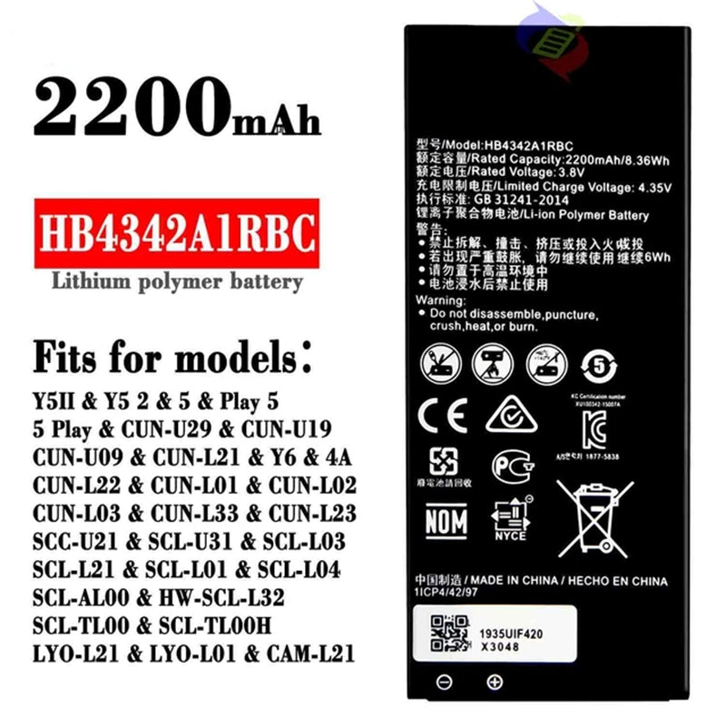 Batterie de remplacement pour Huawei Y5 II Y5II / Y6 / Ascend Honor 4A / 5A, HB4342A1RBC Batterie de remplacement pour Huawei Y5 II Y5II / Y6 / Ascend Honor 4A / 5A, HB4342A1RBC
